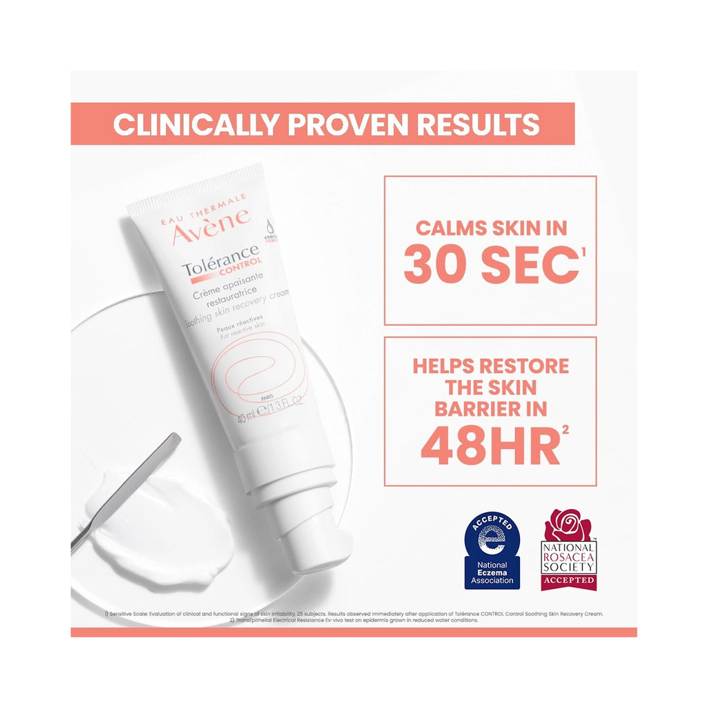 A tube of Avene Tolerance redness relief cream is shown on a white background with a smear of cream. The image includes marketing text reading 'Clinically Proven Results' and claims about calming skin and restoring the skin barrier thumbnail 3