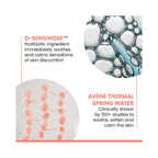 An informational graphic for a skincare product featuring two ingredient call outs: D-Sensione and avene thermal spring water