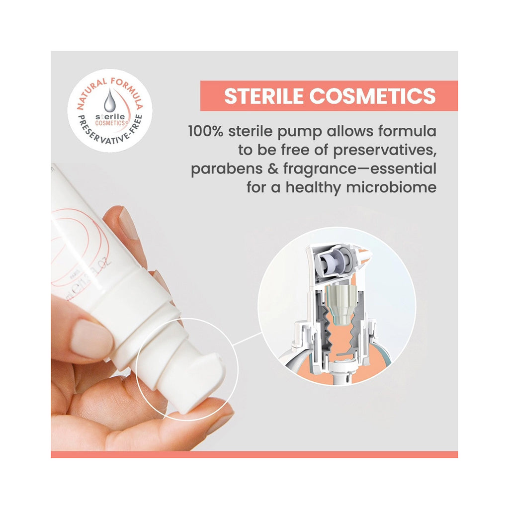 A hand holding a white cosmetic tube with a visible sterile pump, shown on a light gray background with marketing text reading 'STERILE COSMETICS' and a circular inset showing the pump mechanism. thumbnail 5