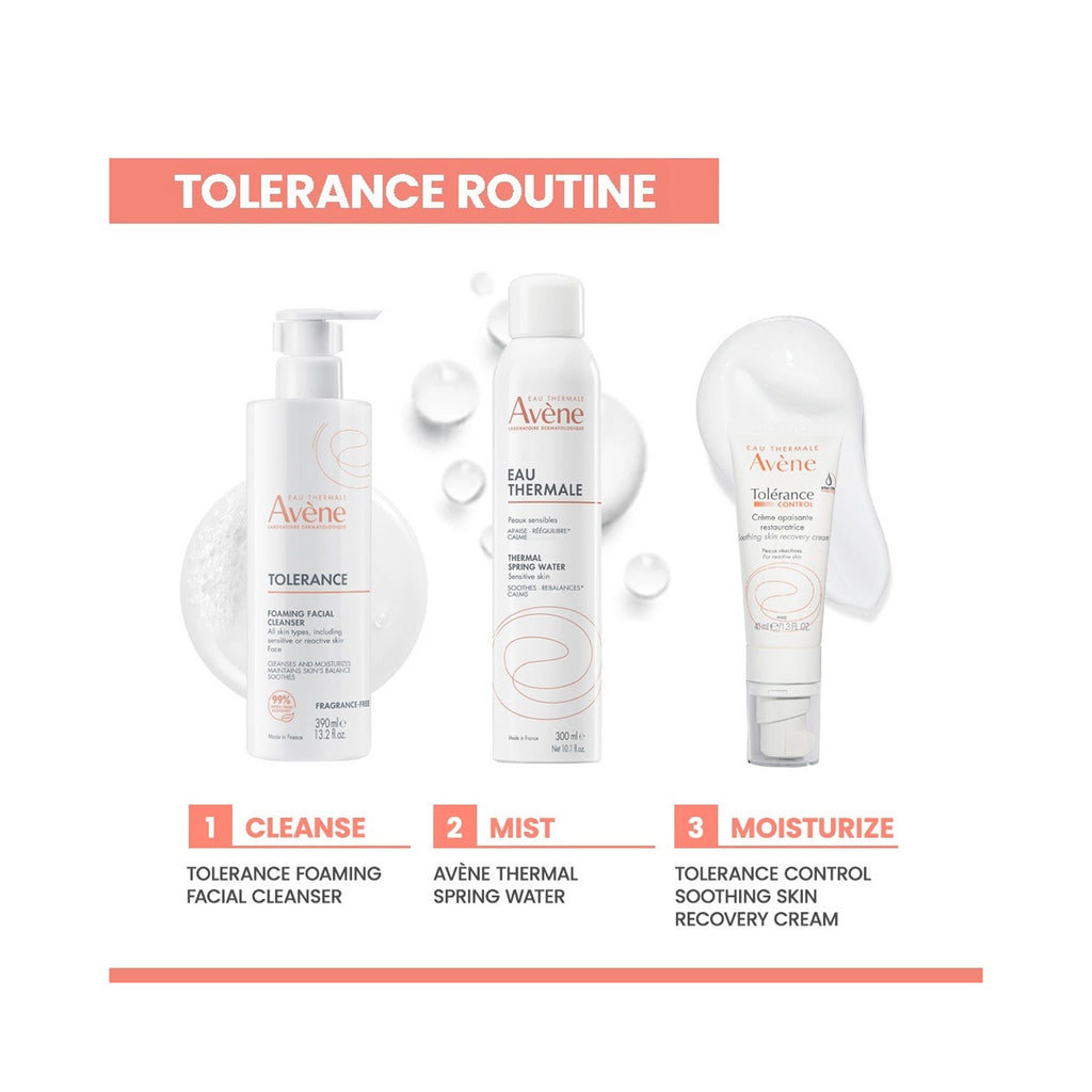 Aveén Tolerance skincare routine set on a white background, featuring a cleansing facial cleanser, thermal spring water mist, and soothing recovery cream, with step-by-step labels from 1 to 3. thumbnail 7