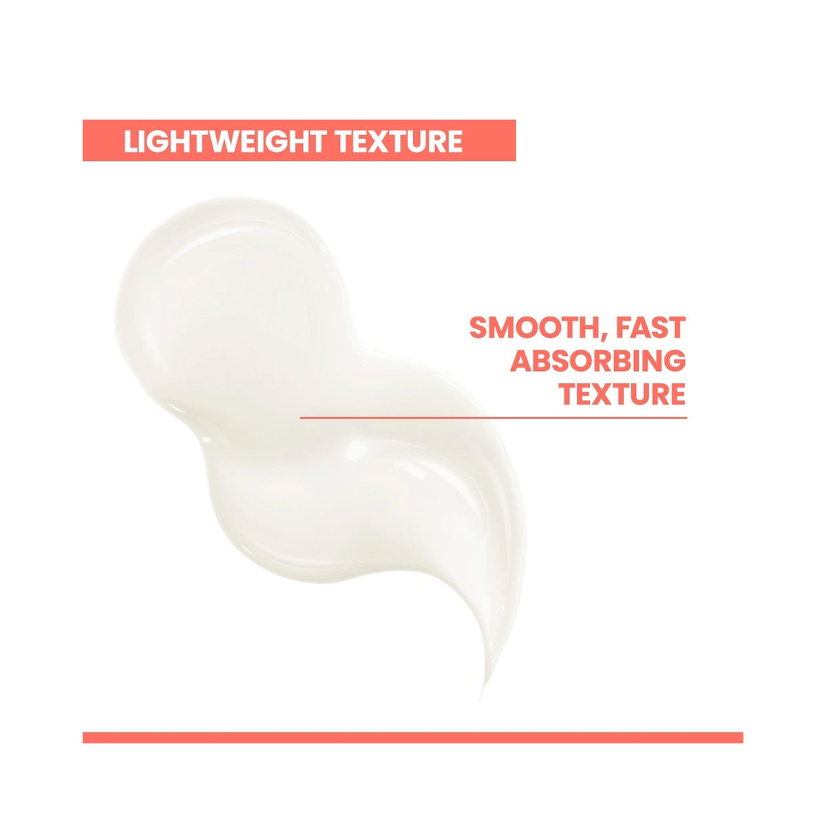 A translucent, glossy white cosmetic smear on a white background with text reading 'LIGHTWEIGHT TEXTURE' and 'SMOOTH, FAST ABSORBING TEXTURE'., image 46243801301142