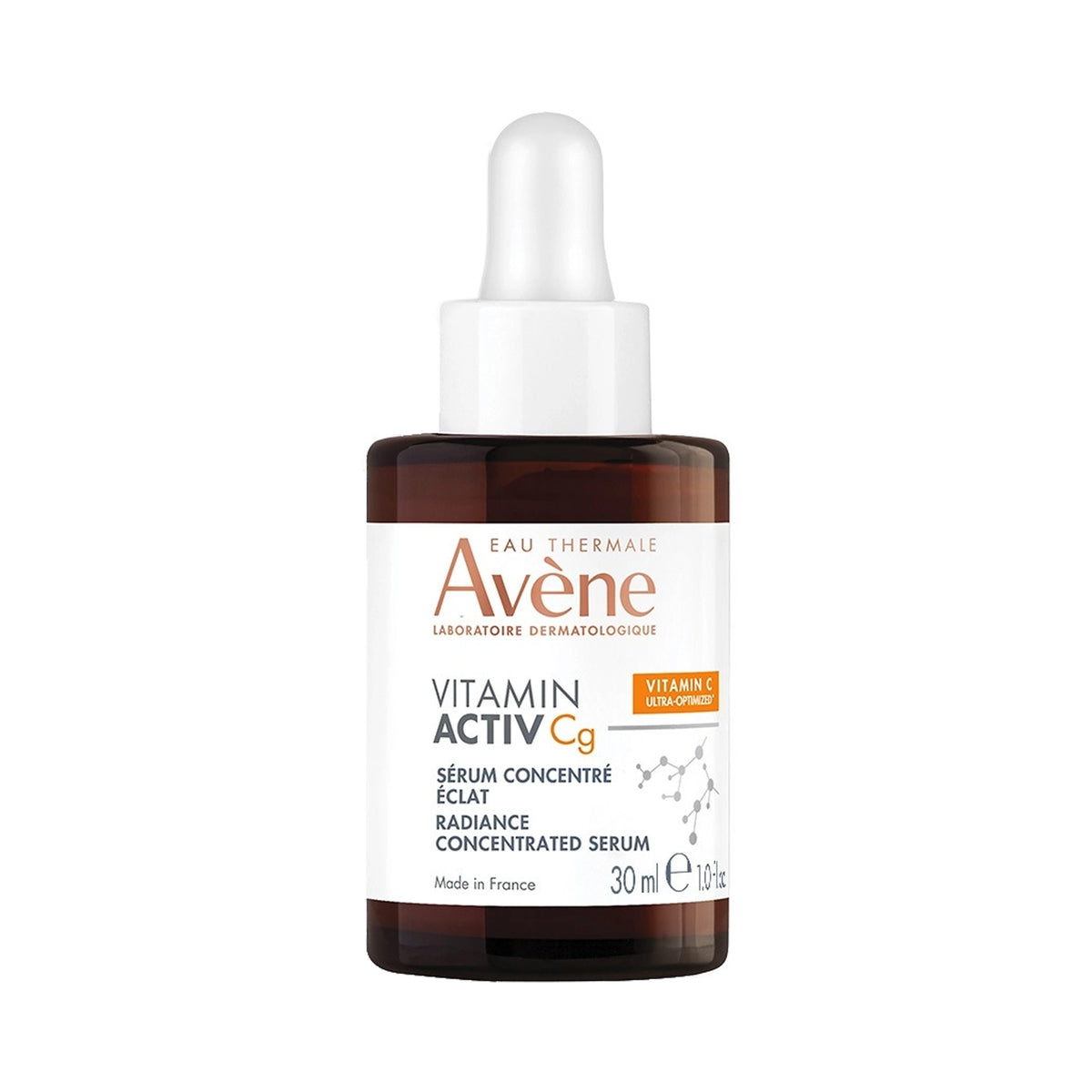 A 1 oz bottle of Avene Vitamin Activ Cg serum, featuring a dark amber glass bottle, a white dropper cap, and a white label with brown and orange text.