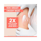 A promotional graphic for a non-greasy, creamy balm showing a close-up of a person's skin with white balm applied text overlays reading 'NON-GREASY CREAMY-BALM' and '2X LESS ITCHING & DRYNESS FROM WEEK 1'.