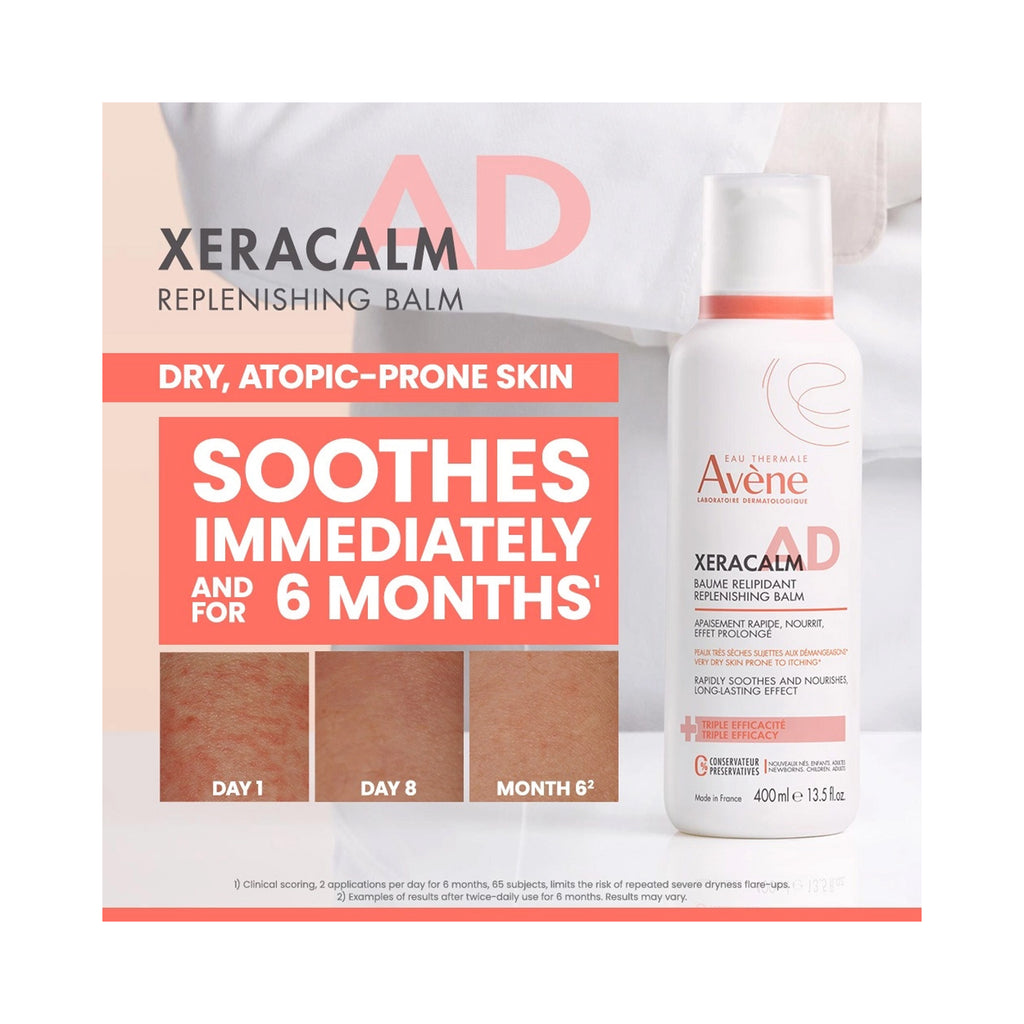 A bottle of Avene Xeracalm AD Replenishing Balm for dry, atopic-prone skin, showing before-and-after skin texture thumbnail 3
