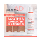 A bottle of Avene Xeracalm AD Replenishing Balm for dry, atopic-prone skin, showing before-and-after skin texture