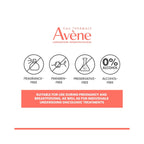  four circular icons indicating: fragrance-free, paraben-free, preservative-free, and alcohol-free, and a text banner stating suitable during pregnancy and breastfeeding.