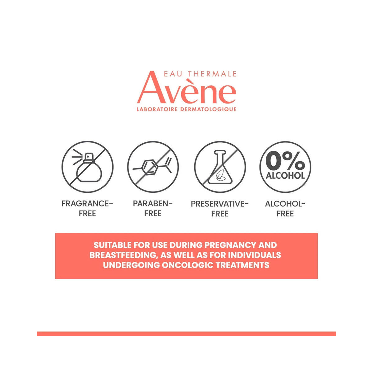  four circular icons indicating: fragrance-free, paraben-free, preservative-free, and alcohol-free, and a text banner stating suitable during pregnancy and breastfeeding., image 46243858186390