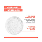 Promotional graphic for nourishing, lathering oil showing a circular close-up of foaming texture with text stating it seals moisture and is suitable for face, body, and scalp.