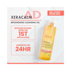 A bottle of Avene Xeracalm AD Replenishing Cleansing Oil shown on a white promotional graphic with red and black text callouts. The bottle is transparent and filled with golden-yellow oil, with a pump dispenser.