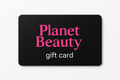 black card with pink "planet Beauty" logo and underneath "gift card" in white letters. behind the card the background should be white