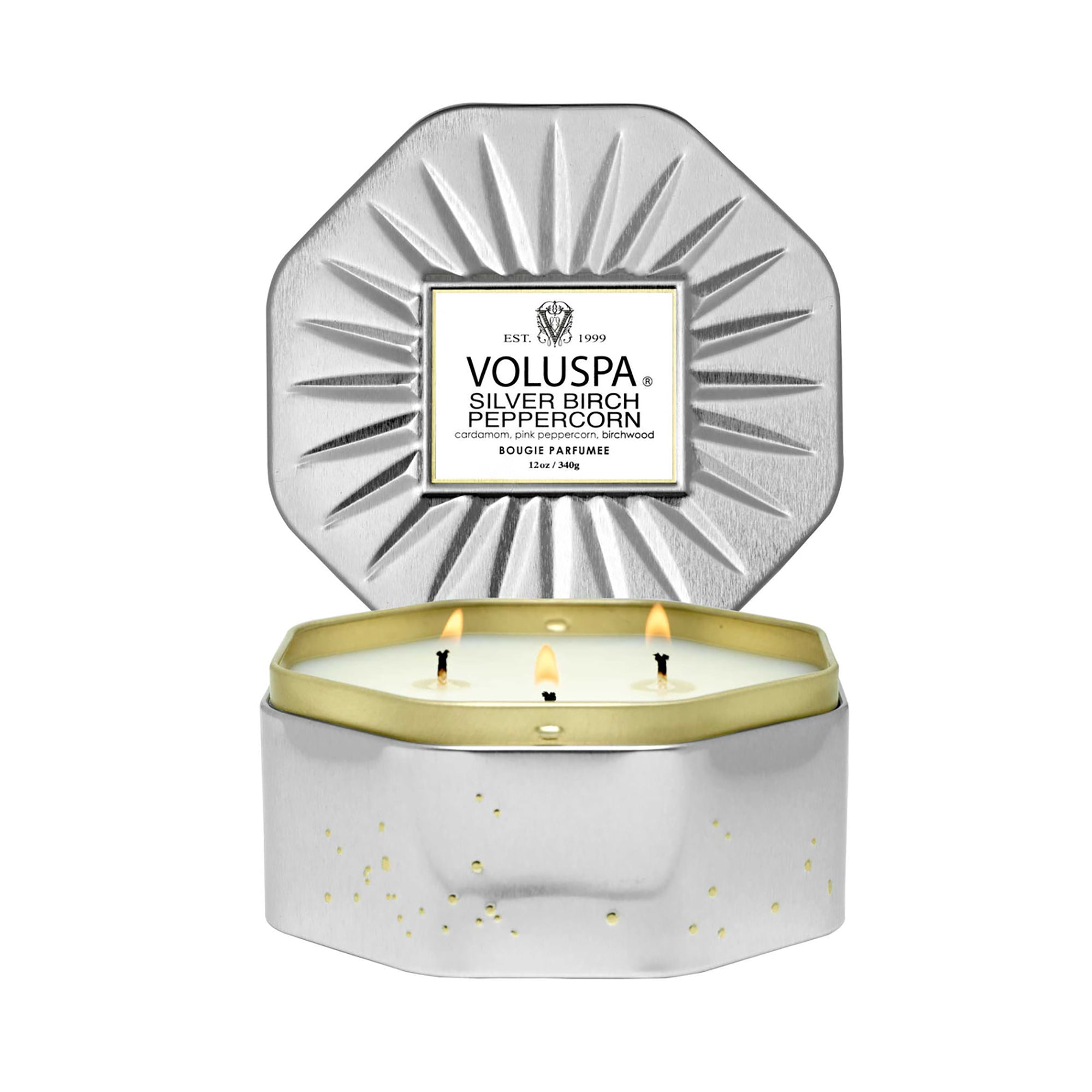 Voluspa 3-Wick Octagon Tin Candle / Silver Birch Peppercorn