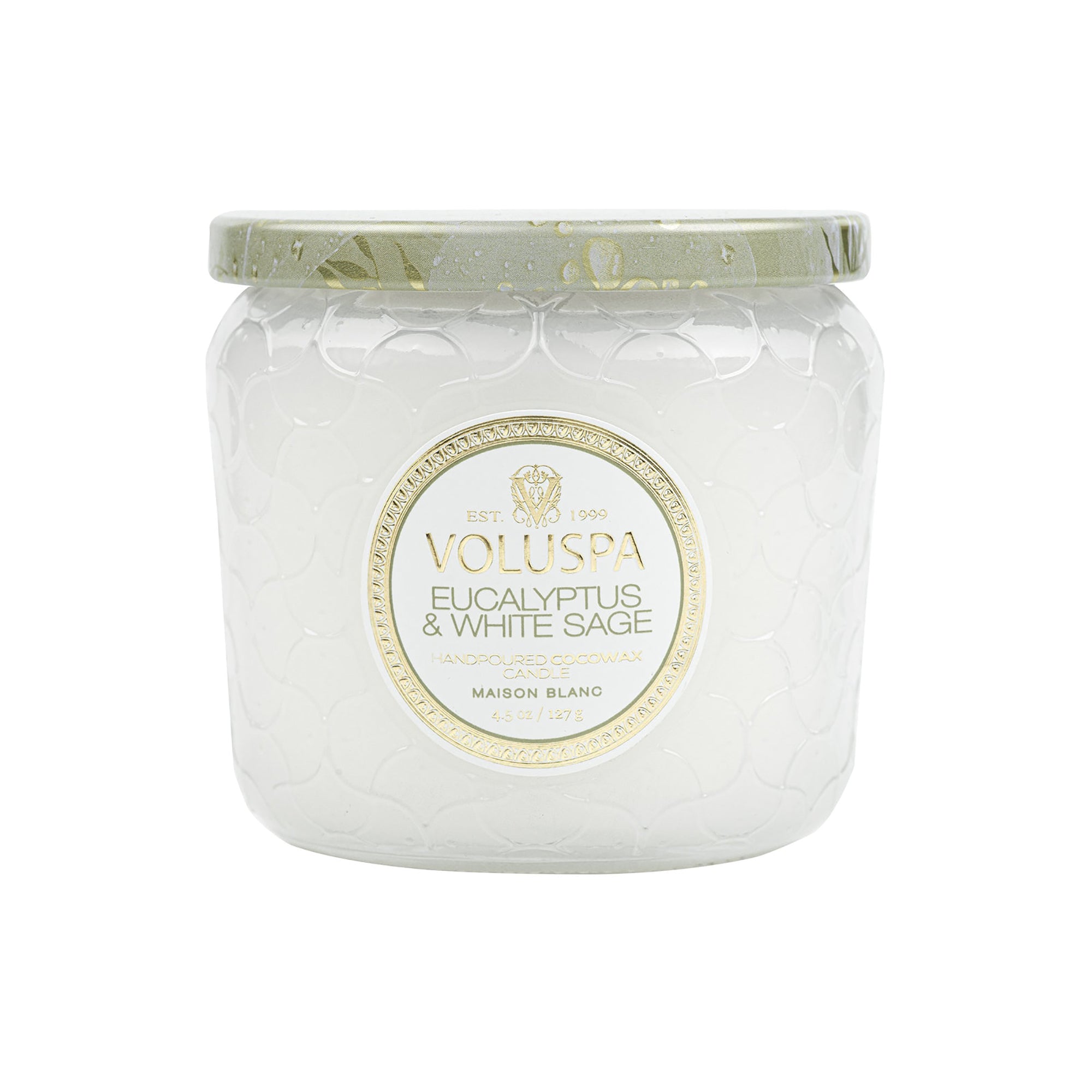 Voluspa Maison Blanc Petite Glass Jar Candle with Lid / EUCALYPTUS & WHITE SAGE