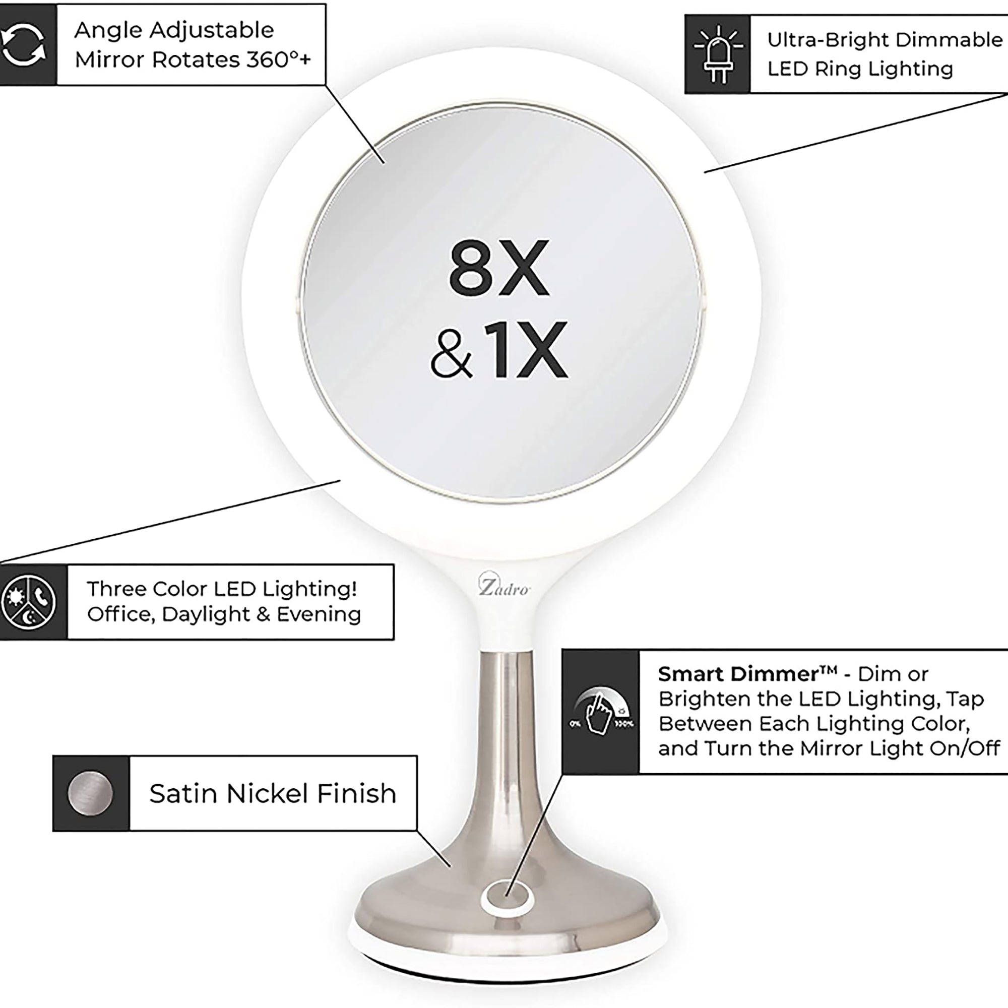Zadro SOLANA 9.75" Round Ultra Bright Ring LED Vanity Mirror 8X/1X / SATIN NICKEL
