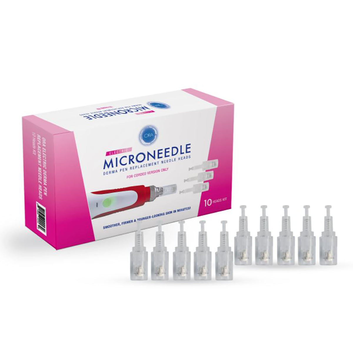 Beauty ORA Electric Microneedle Roller Derma Pen Replacement Heads - 10 Heads Kit (Corded Version Only)