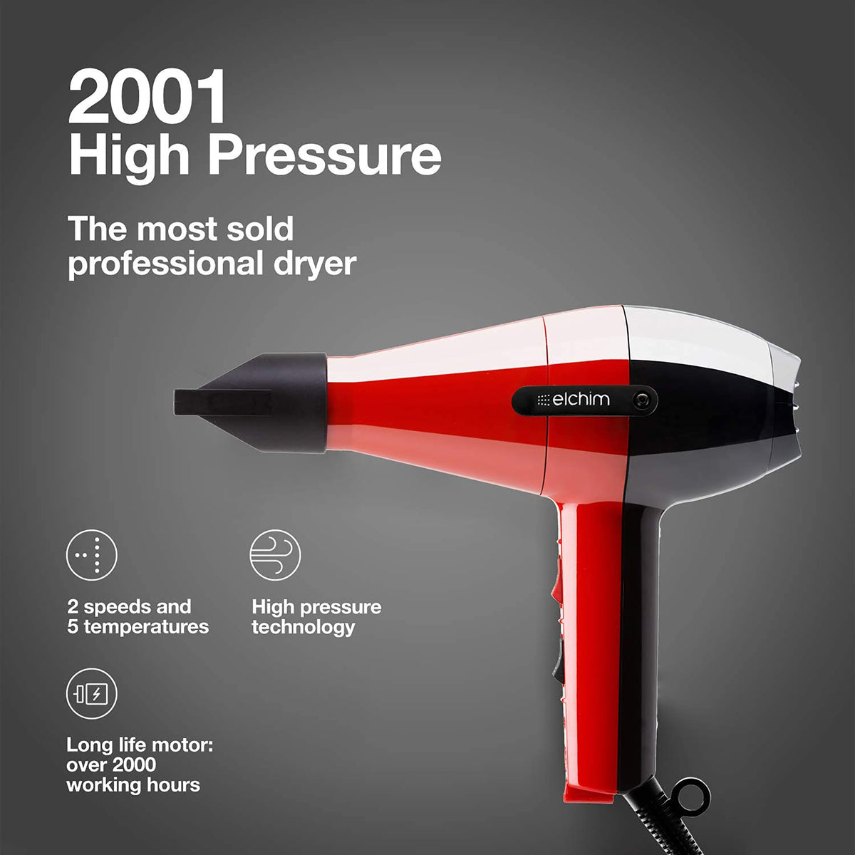 Elchim Dryer 2001 High Pressure Black/Red, image 25762557427862