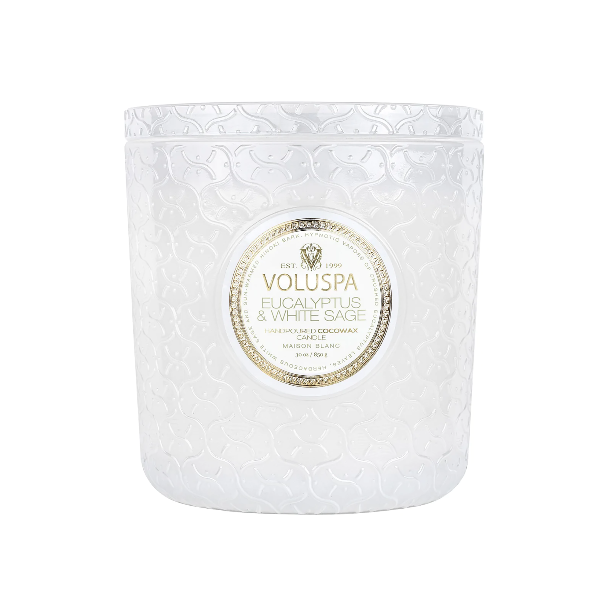 Voluspa Blanc Lux Candle 30 oz ~ burn time 80hrs / EUCALYPTUS & WHITE SAGE