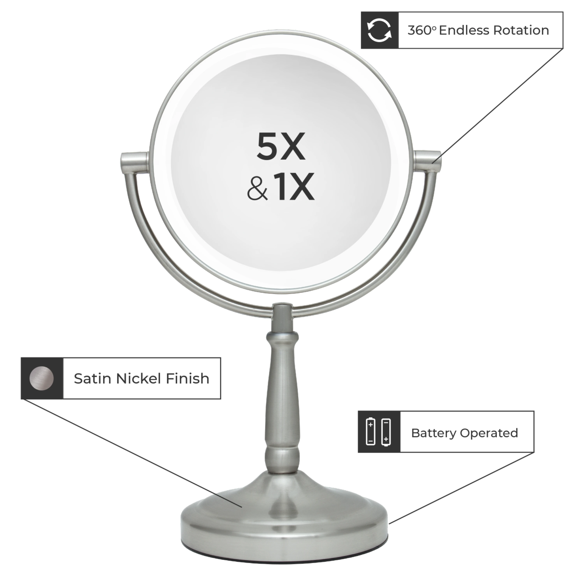 Zadro 9" Round LED Cordless Dual-Sided Mirror 5X/1X / SATIN NICKEL