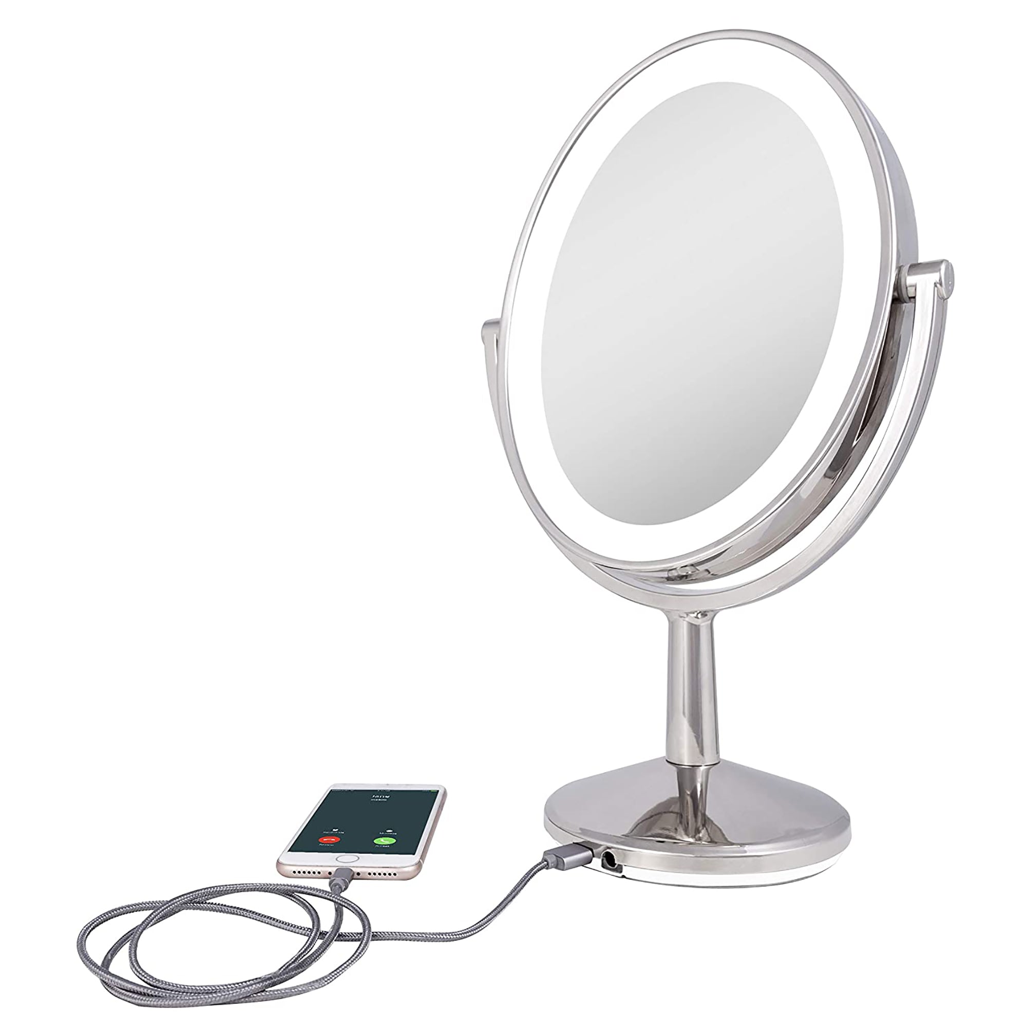Zadro Huntington LED Lighted Rechargeable Vanity Mirror, Oval Double Sided 5X/1X Magnification, Polished Nickel