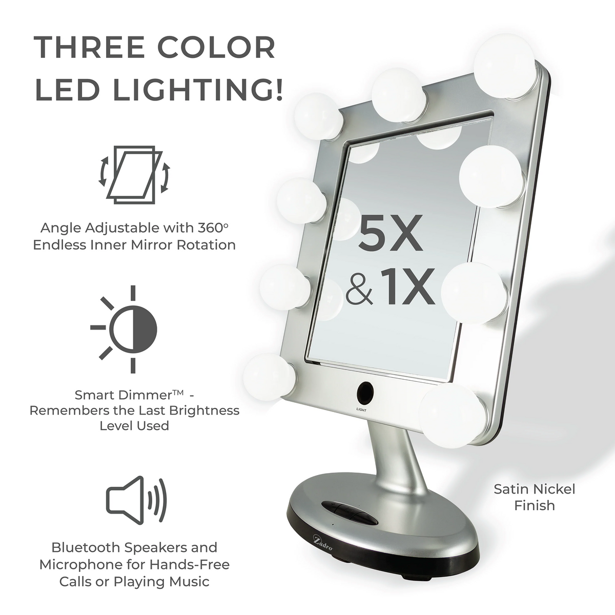 Zadro MELROSE 10.5" Rectangle LED Variable Bluetooth Mirror 5X/1X, image 26543802024086