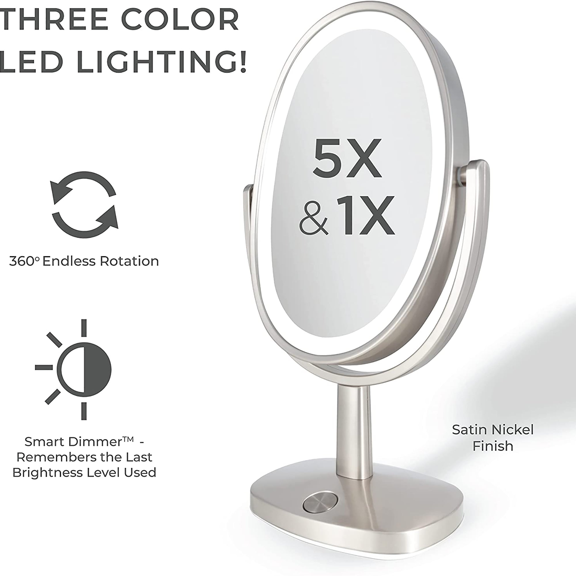Zadro NEWPORT 10" Oval Ultra Bright Adaptive Color LED Mirror 5X/1X / SATIN NICKEL