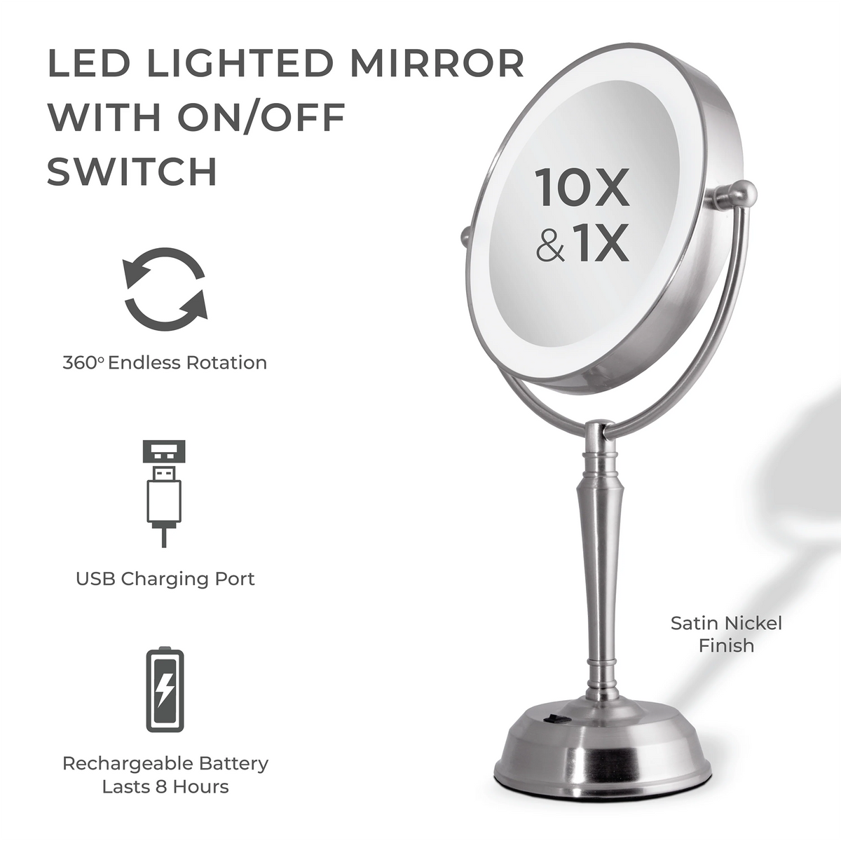 Zadro 11" Round LED Rotating USB Charging Port Mirror 10X/1X, image 26558276731030