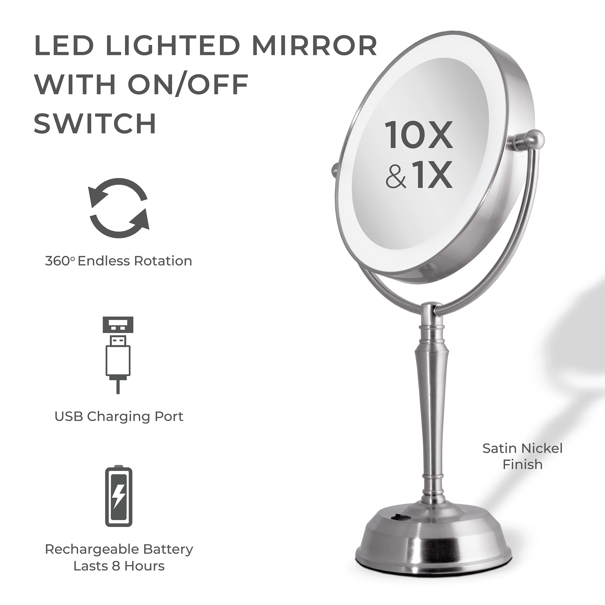 Zadro 11" Round LED Rotating USB Charging Port Mirror 10X/1X